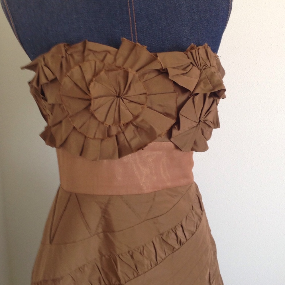 BCBGMaxAzria Strapless Brown Ruffle Bodice A-Line Dress